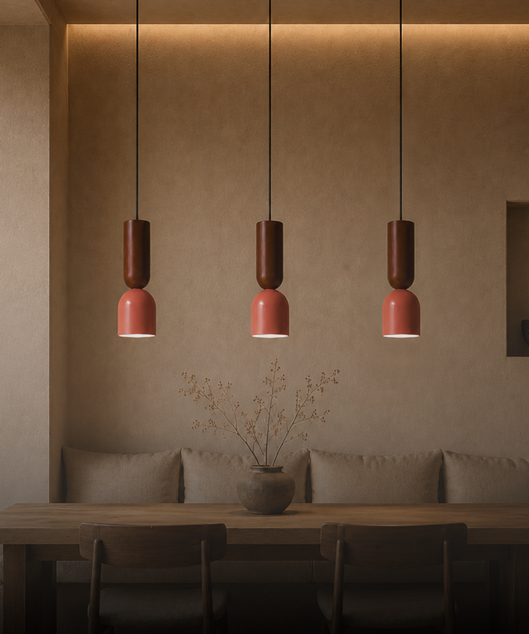 Clay reds, aged timber, earth tones shaped by time.