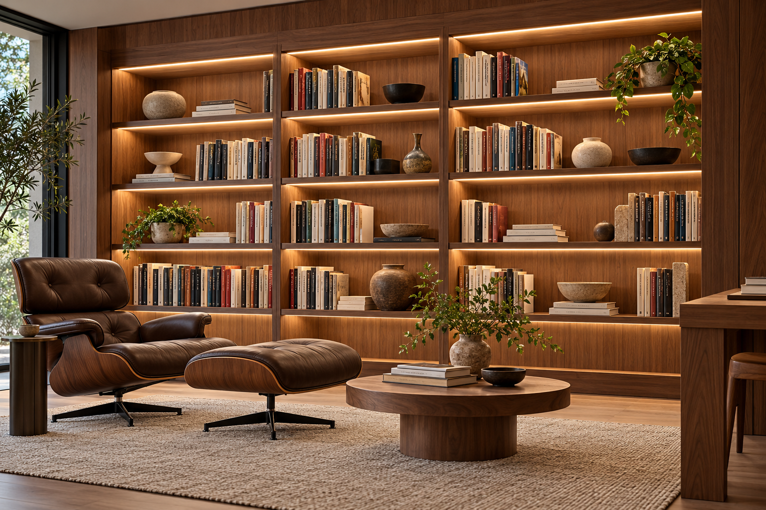 Front-lit bookshelf with books and objects clearly illuminated