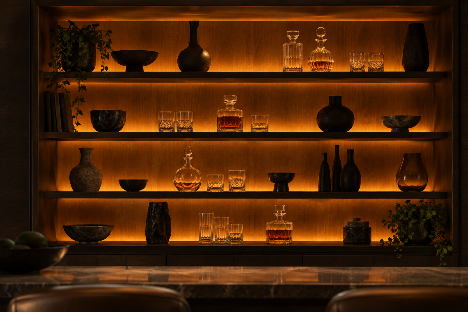 Warm rear lighting creates silhouettes on a home bar shelf