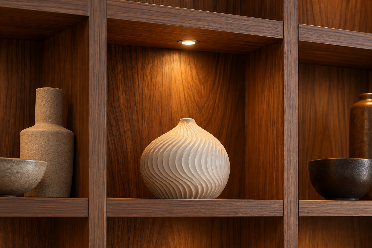 Small recessed shelf spotlight focused on a ceramic object