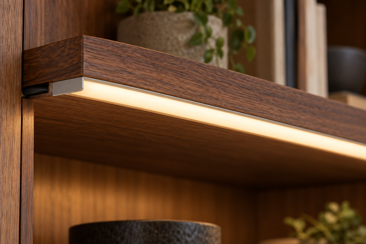 Close-up of a diffused LED profile recessed into a wooden shelf