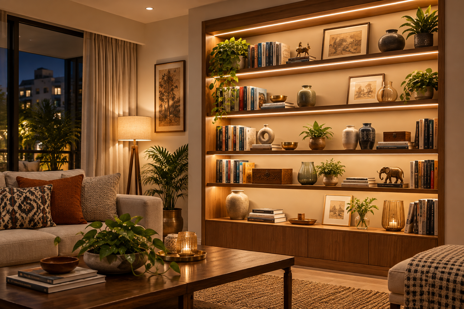Completed bookshelf lighting viewed at night in a living room