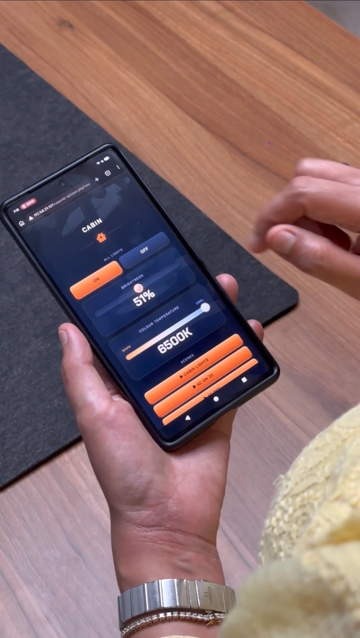 Phone showing a lighting control screen with brightness, colour temperature and scene controls