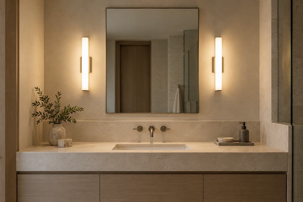 Bathroom vanity mirror lit by diffused vertical fixtures on both sides