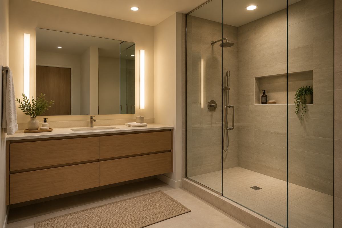 Separate vanity and shower lighting with a flush sealed ceiling fixture in the shower area