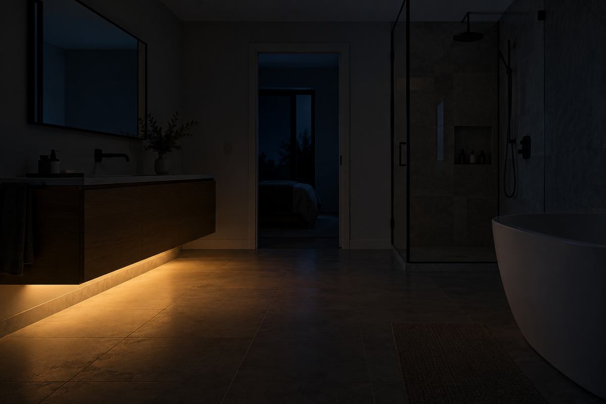 Soft low-level light concealed beneath a floating vanity at night